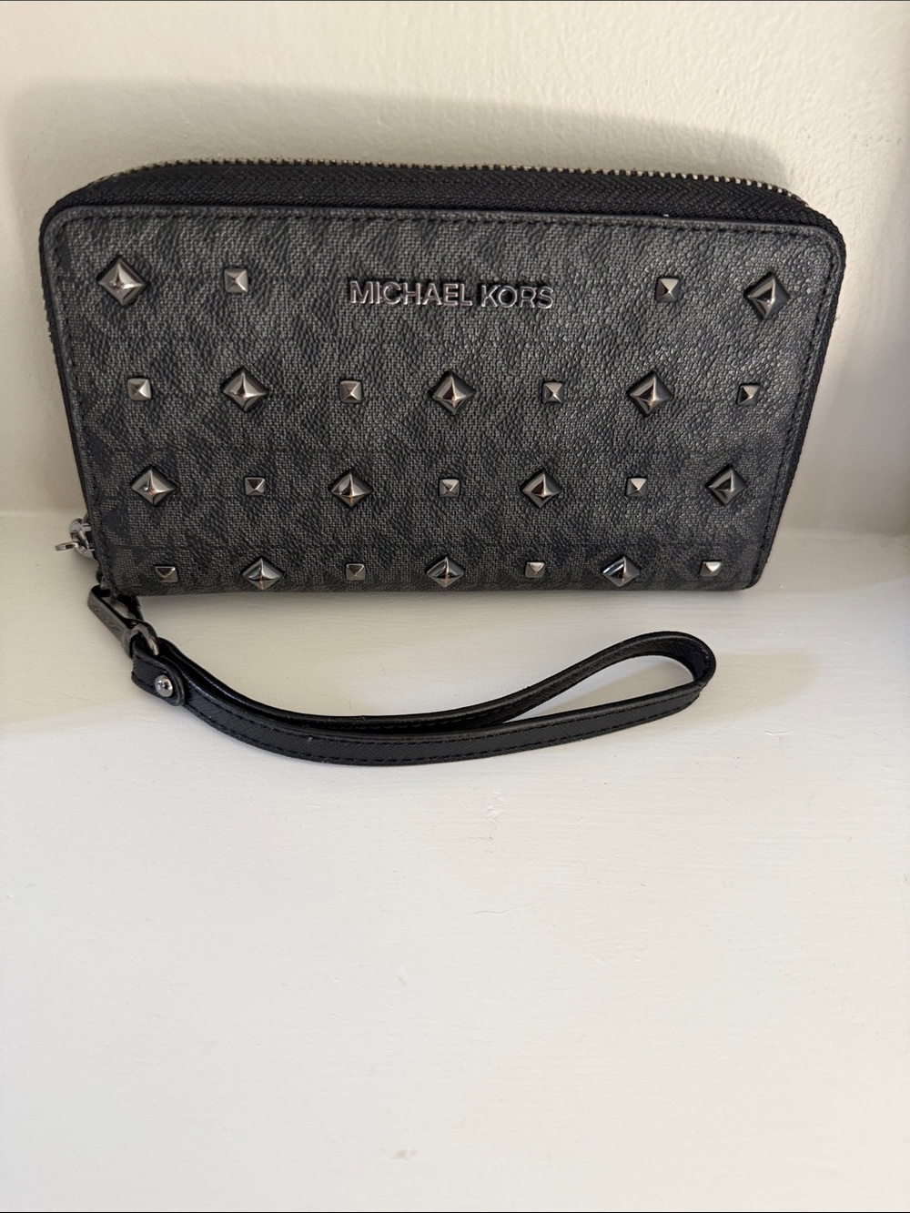 Michael Kors Studded Logo Zip Around Wristlet Wallet